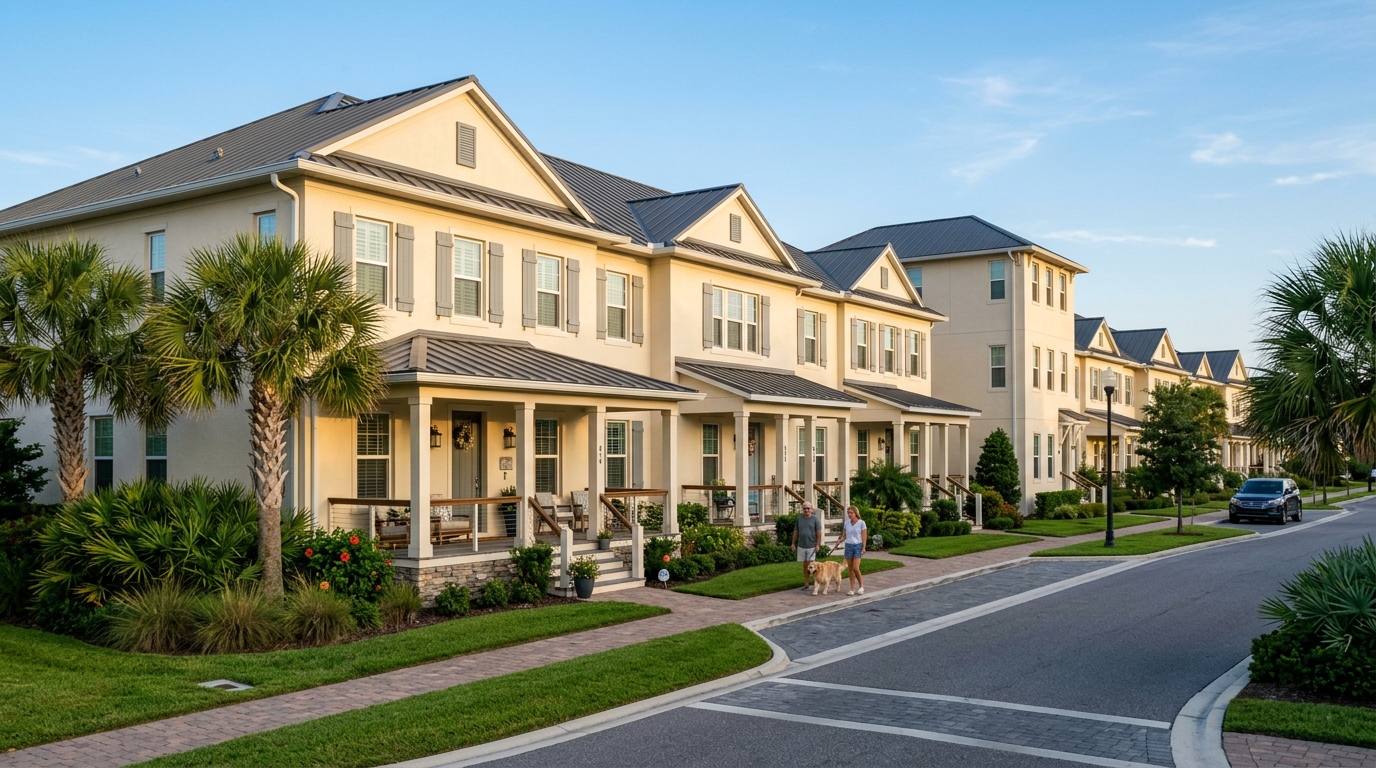 The townhome row at Linden Harbor Residences, seen from the lane in late afternoon