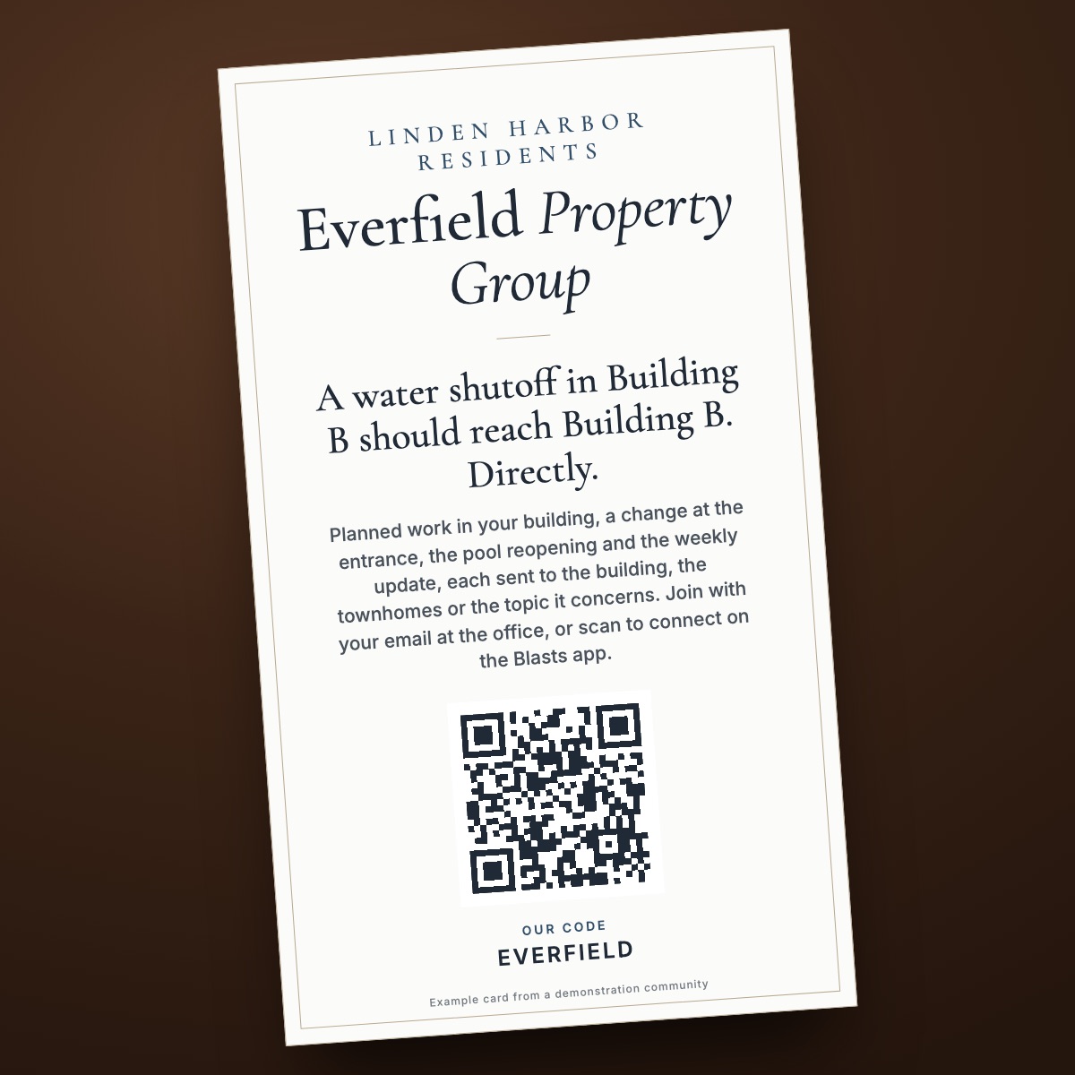 Everfield's enrollment card at the office: A water shutoff in Building B should reach Building B, with the community's Blasts enrollment code EVERFIELD and its QR code