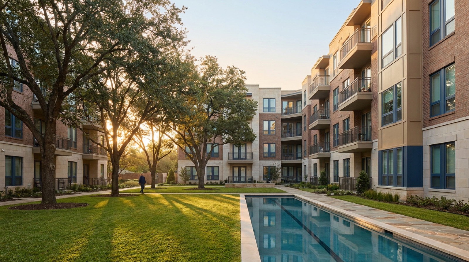 The central courtyard of Linden Harbor Residences in early morning, clubhouse and pool in the foreground, Building A behind