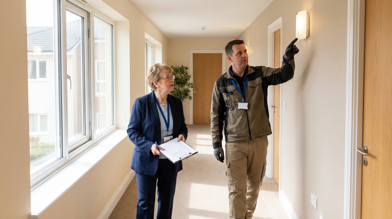 Everfield's community manager and maintenance lead walking a corridor in Building B with a clipboard