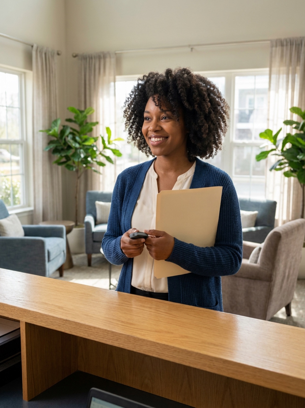 Amara Osei, resident services, at the clubhouse front desk