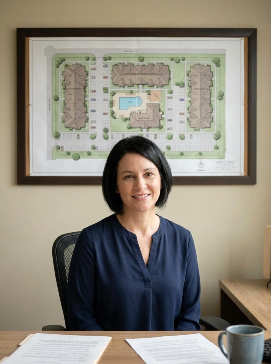 Camille Renaud, community manager, at the clubhouse office desk